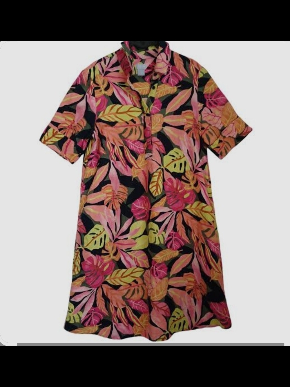 Chico's Black Shift Dress with Pink, Orange & Lime Leaf Print